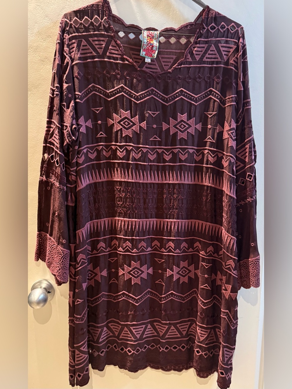 Johnny Was Burgundy Boho Embroidered Tunic Dress
